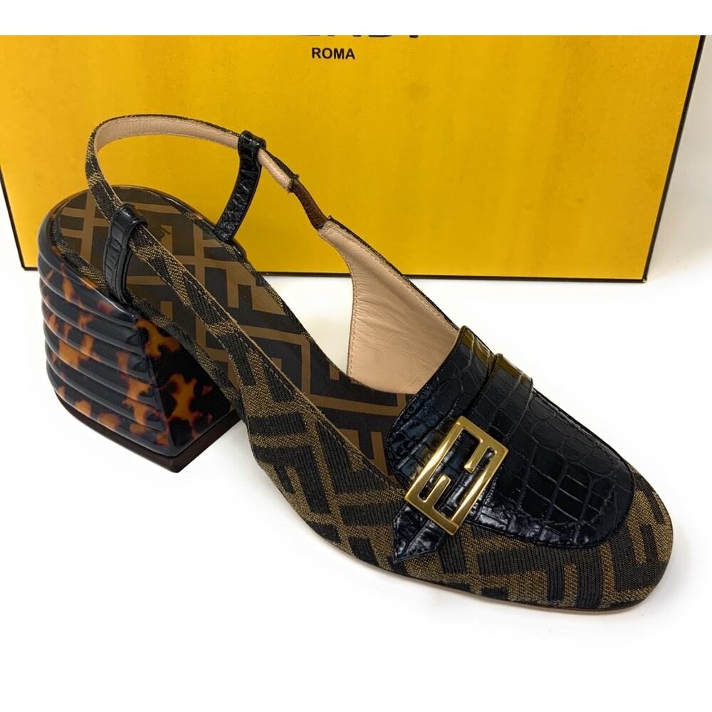 Fendi Decollete Aperta Vitello Stampa Cocco Tessuto FF Pump Shoes 37 RP: $890.00